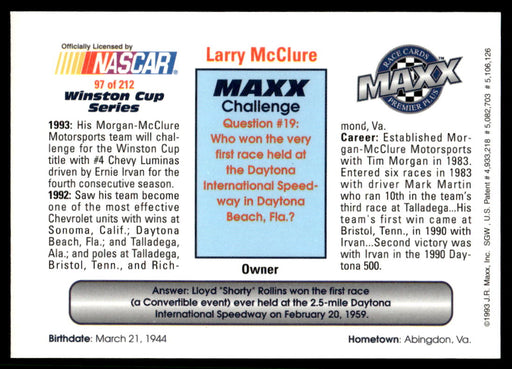 Larry McClure 1993 Maxx Premier Plus Base Back of Card