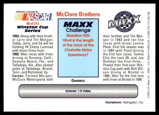 McClure Brothers 1993 Maxx Premier Plus Base Back of Card