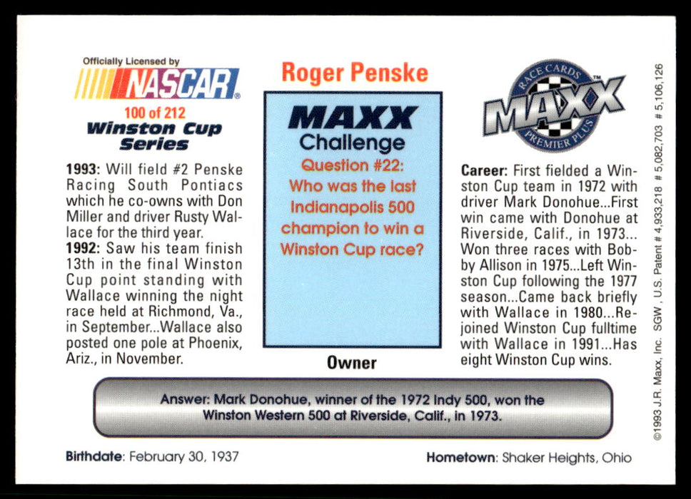 Roger Penske 1993 Maxx Premier Plus Base Back of Card