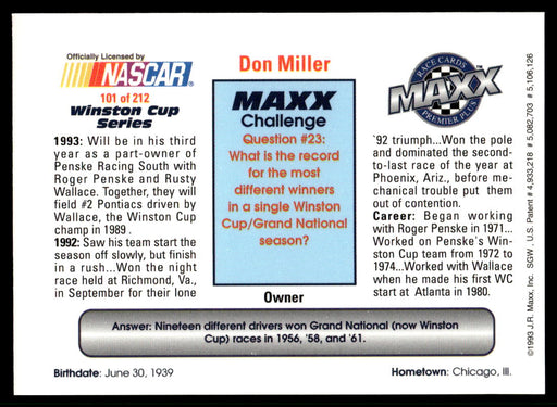 Don Miller 1993 Maxx Premier Plus Base Back of Card