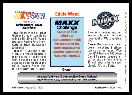 Eddie Wood 1993 Maxx Premier Plus Base Back of Card