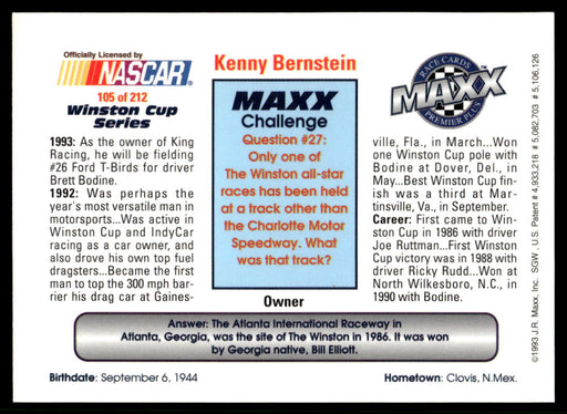 Kenny Bernstein 1993 Maxx Premier Plus Base Back of Card