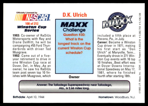 DK Ulrich 1993 Maxx Premier Plus Base Back of Card