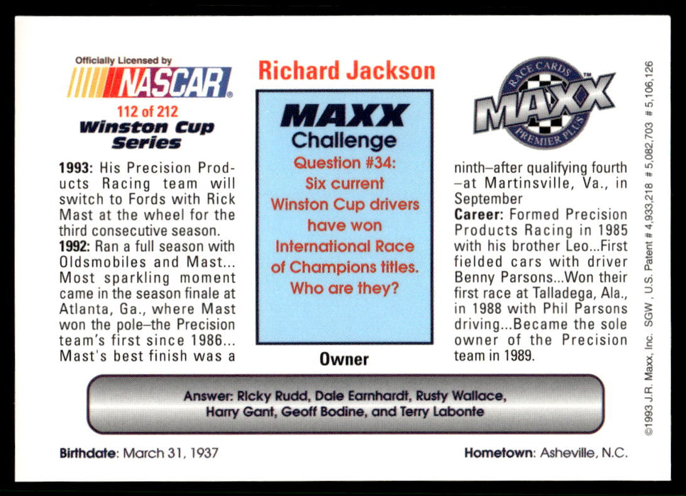 Richard Jackson 1993 Maxx Premier Plus Base Back of Card