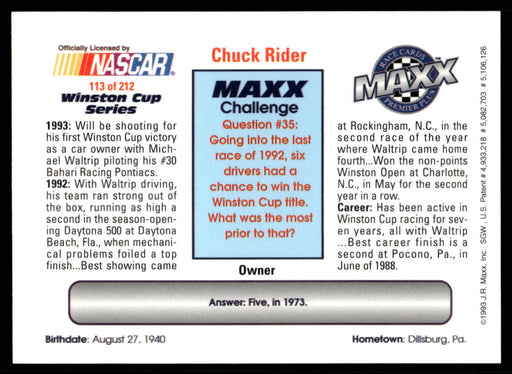 Chuck Rider 1993 Maxx Premier Plus Base Back of Card