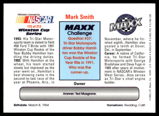 Mark Smith 1993 Maxx Premier Plus Base Back of Card