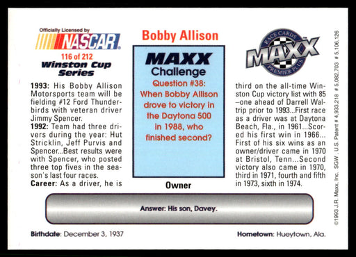 Bobby Allison 1993 Maxx Premier Plus Base Back of Card