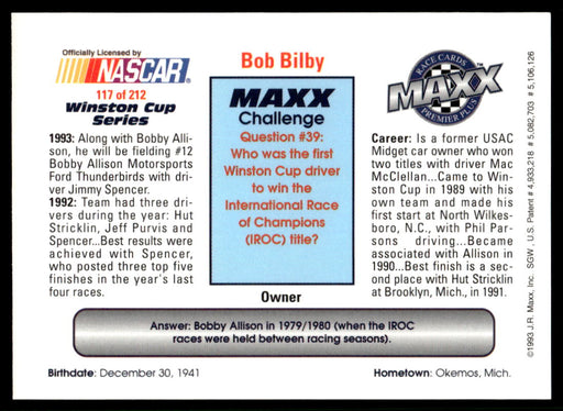 Bob Bilby 1993 Maxx Premier Plus Base Back of Card