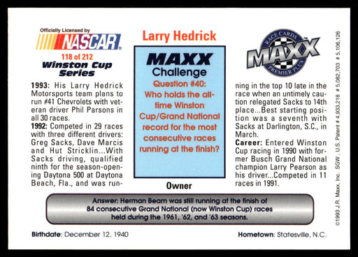 Larry Hedrick 1993 Maxx Premier Plus Base Back of Card