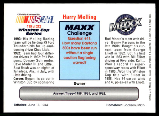 Harry Melling 1993 Maxx Premier Plus Base Back of Card