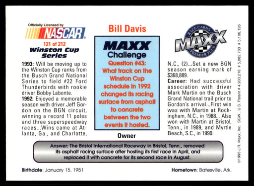 Bill Davis 1993 Maxx Premier Plus Base Back of Card