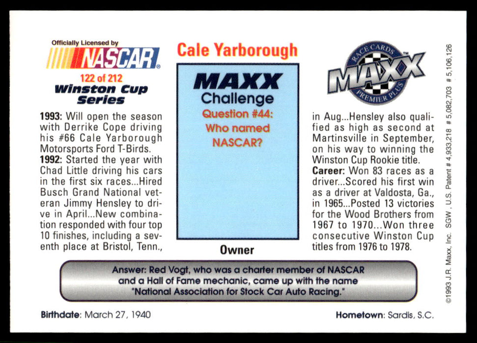 Cale Yarborough 1993 Maxx Premier Plus Base Back of Card