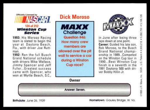 Dick Moroso 1993 Maxx Premier Plus Base Back of Card