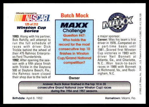Butch Mock 1993 Maxx Premier Plus Base Back of Card