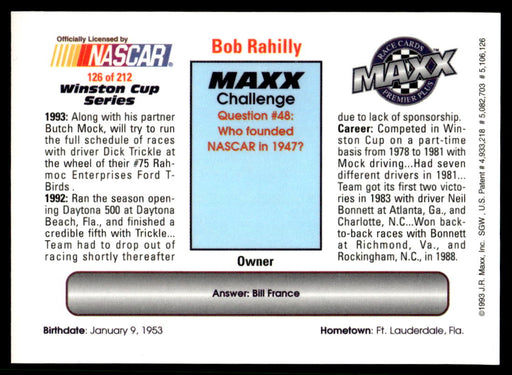 Bob Rabilly 1993 Maxx Premier Plus Base Back of Card