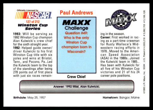 Paul Andrews 1993 Maxx Premier Plus Base Back of Card