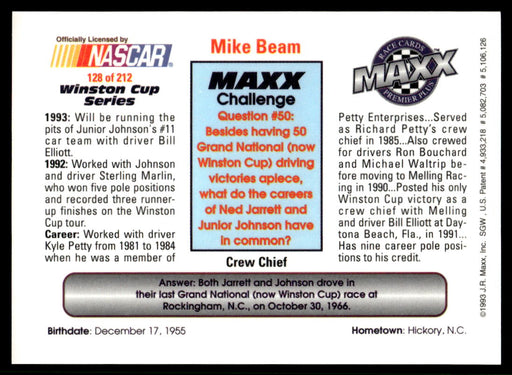 Mike Beam 1993 Maxx Premier Plus Base Back of Card