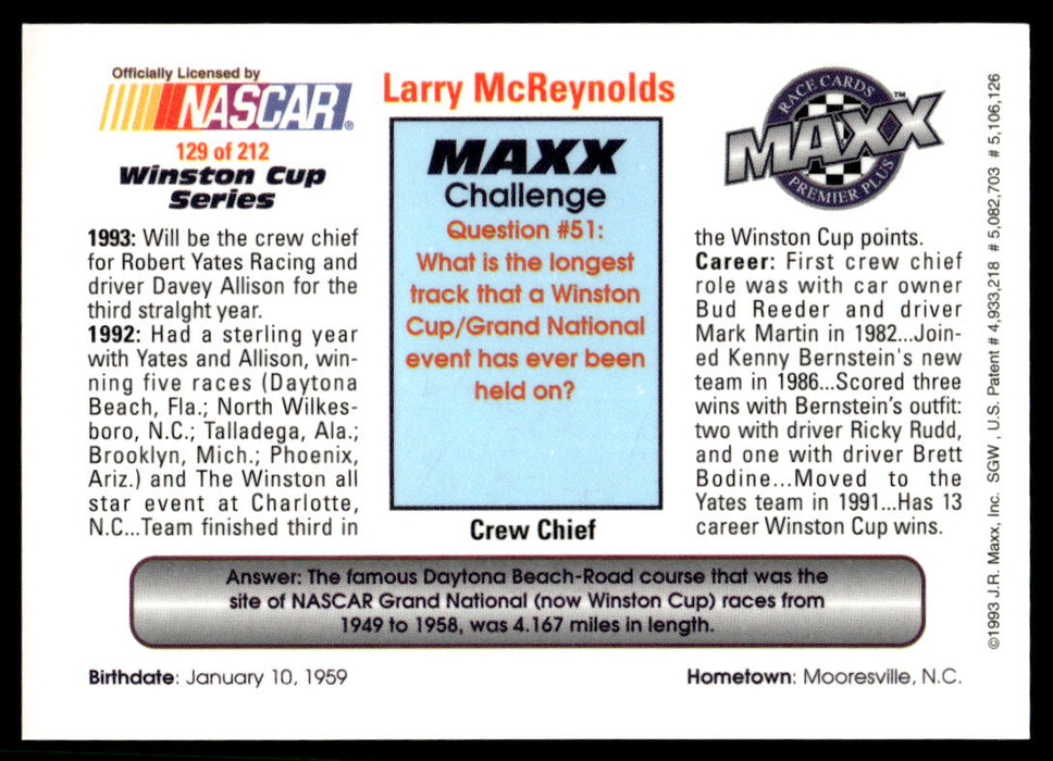 Larry McReynolds 1993 Maxx Premier Plus Base Back of Card