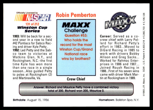 Robin Pemberton 1993 Maxx Premier Plus Base Back of Card