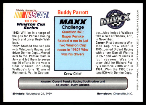 Buddy Parrott 1993 Maxx Premier Plus Base Back of Card