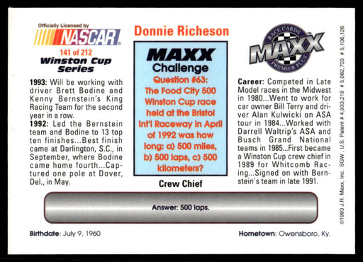 Donnie Richeson 1993 Maxx Premier Plus Base Back of Card