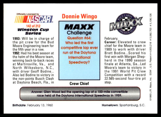 Donnie Wingo 1993 Maxx Premier Plus Base Back of Card