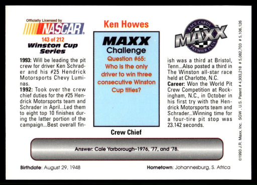 Ken Howes 1993 Maxx Premier Plus Base Back of Card