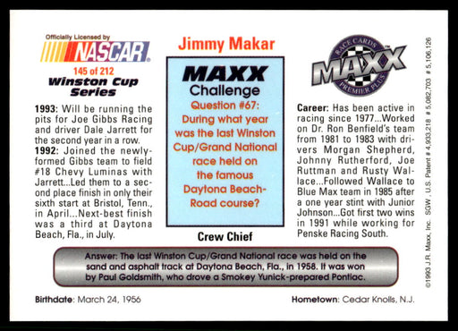 Jimmy Makar 1993 Maxx Premier Plus Base Back of Card