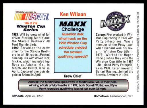 Ken Wilson 1993 Maxx Premier Plus Base Back of Card