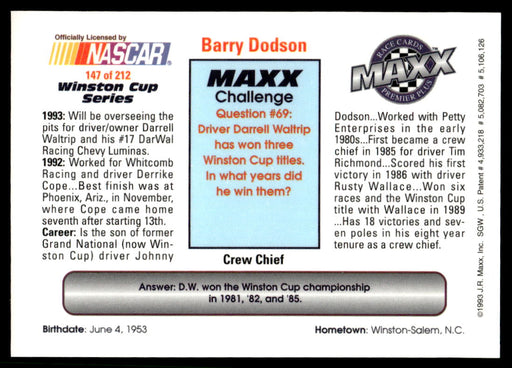 Barry Dodson 1993 Maxx Premier Plus Base Back of Card