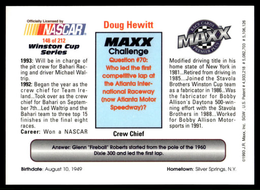 Doug Hewitt 1993 Maxx Premier Plus Base Back of Card