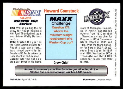 Howard Comstock 1993 Maxx Premier Plus Base Back of Card