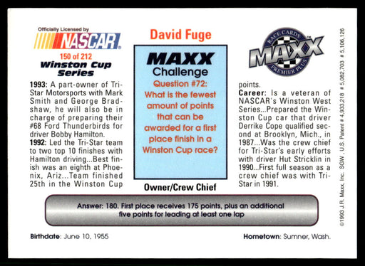 David Fuge 1993 Maxx Premier Plus Base Back of Card