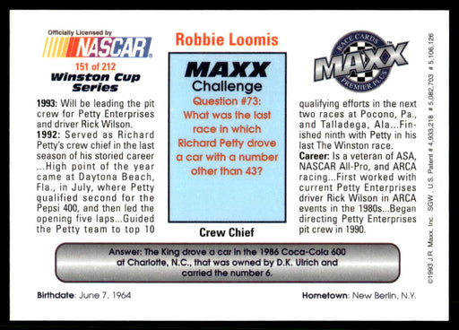 Robbie Loomis 1993 Maxx Premier Plus Base Back of Card