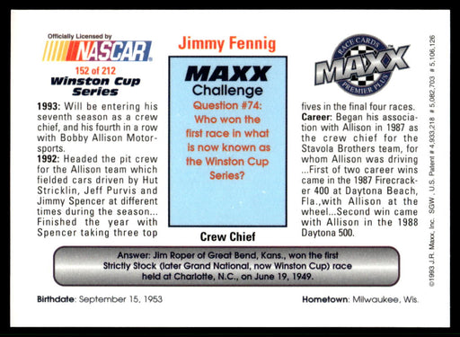 Jimmy Fennig 1993 Maxx Premier Plus Base Back of Card