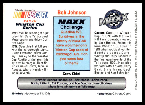 Bob Johnson 1993 Maxx Premier Plus Base Back of Card