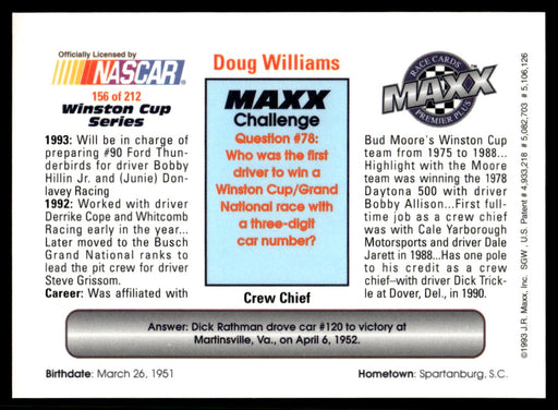 Doug Williams 1993 Maxx Premier Plus Base Back of Card