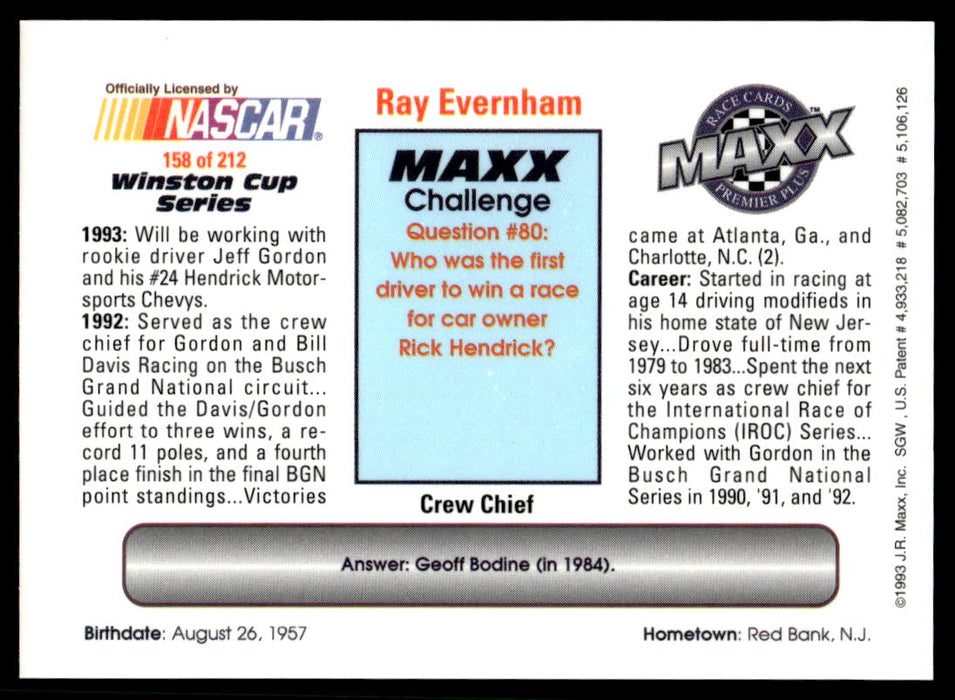 Ray Evernham 1993 Maxx Premier Plus Base Back of Card