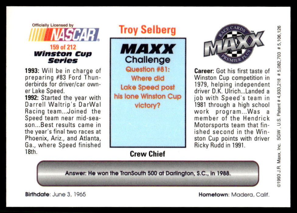 Troy Selberg 1993 Maxx Premier Plus Base Back of Card