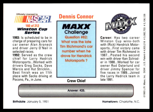 Dennis Connor 1993 Maxx Premier Plus Base Back of Card