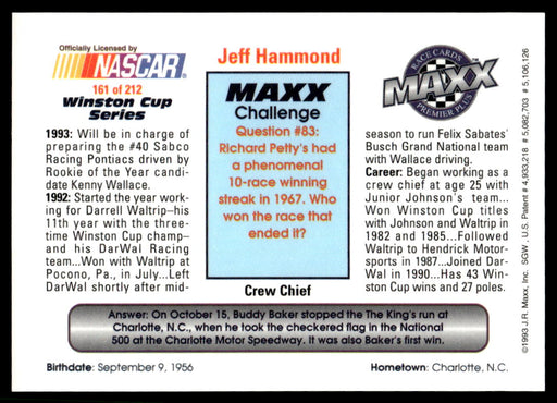 Jeff Hammond 1993 Maxx Premier Plus Base Back of Card