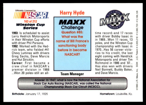 Harry Hyde 1993 Maxx Premier Plus Base Back of Card