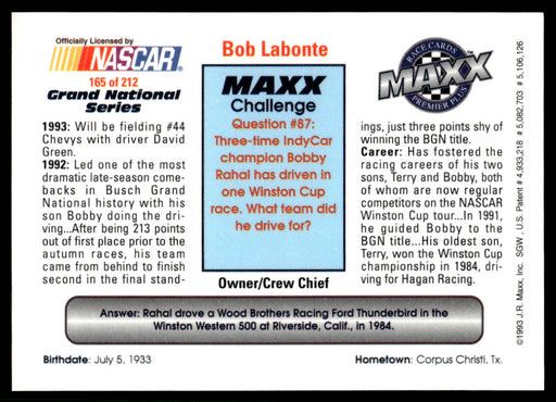 Bob Labonte 1993 Maxx Premier Plus Base Back of Card