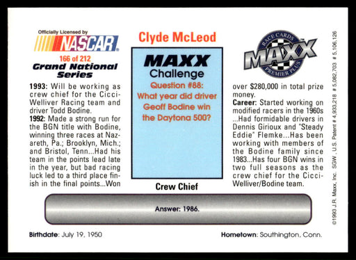 Clyde McLeod 1993 Maxx Premier Plus Base Back of Card