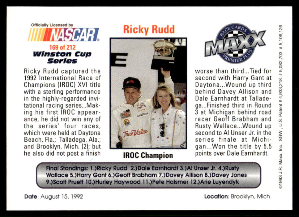 Ricky Rudd 1993 Maxx Premier Plus Base Back of Card