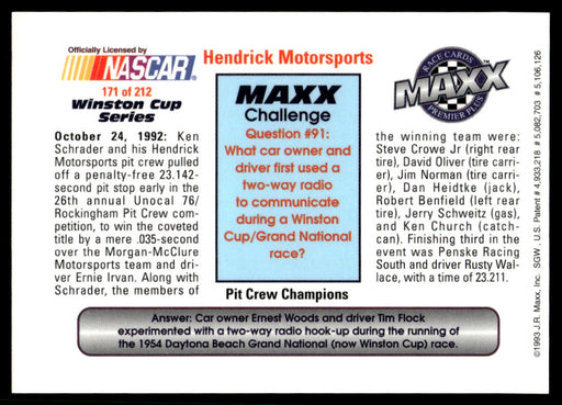 Hendrick Motorsports 1993 Maxx Premier Plus Base Back of Card