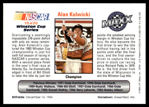 Alan Kulwicki 1993 Maxx Premier Plus Base Back of Card