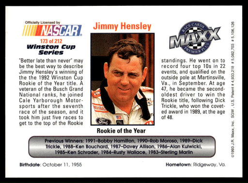 Jimmy Hensley 1993 Maxx Premier Plus Base Back of Card