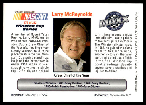 Larry McReynolds 1993 Maxx Premier Plus Base Back of Card