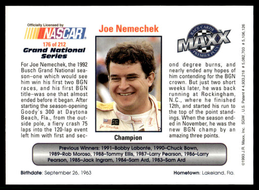 Joe Nemechek 1993 Maxx Premier Plus Base Back of Card